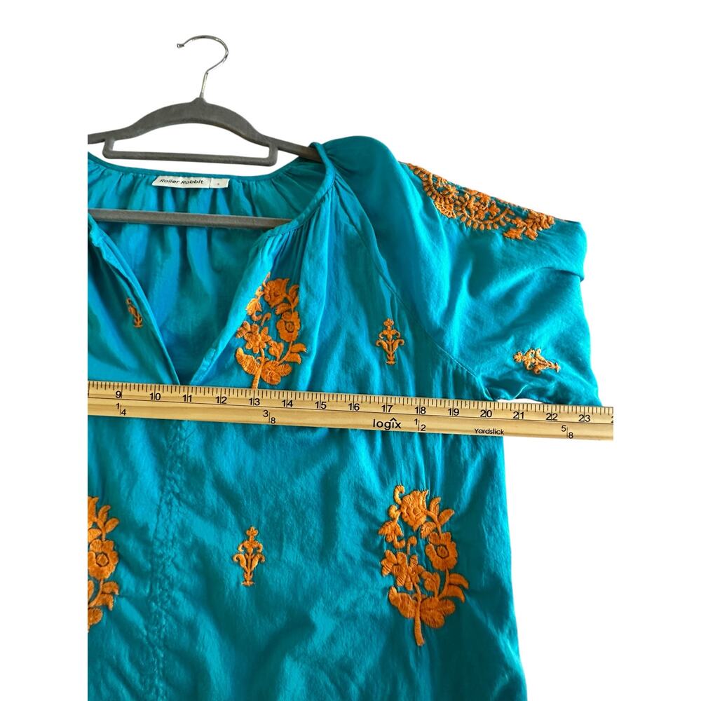 *SOLD* Roller Rabbit Women’s Teal Embroidered Cotton Blouse Size Small NWOT Boho - Picture 7 of 10